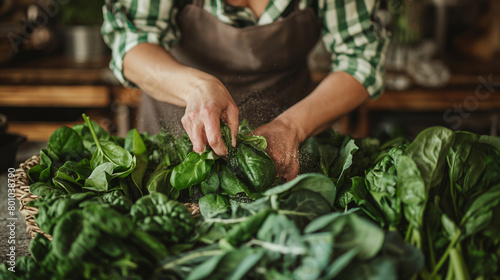 Surrounded by an array of leafy greens, the woman washes and prepares spinach with care, her hands moving with practiced ease as she embraces the nourishing power of wholesome ingr photo