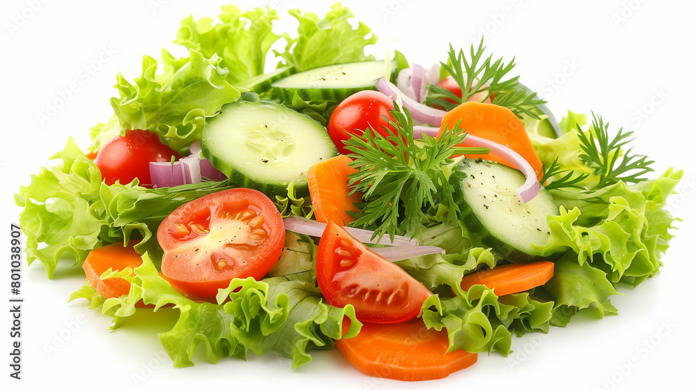 salad of fresh vegetables isolated on a white background. healthy food from cucumbers, tomatoes, broccoli, onions on lettuce leaves salad of fresh vegetables isolated on a white background. healthy food from cucumbers, tomatoes, broccoli, onions on lettuce leaves