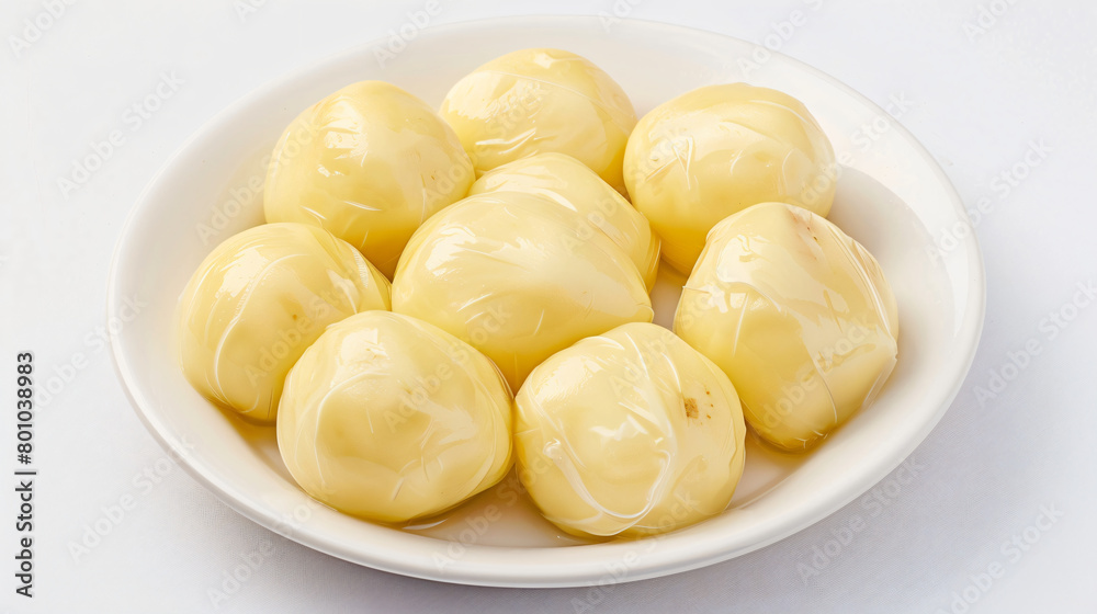 Plate of tasty boiled potatoes wrapped with stretch 