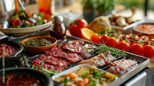 An enticing view of a variety of fresh meats and vegetables arranged on a platter  alongside bowls of dipping sauces  set against a backdrop of a tabletop grill 