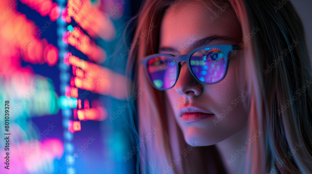 A female programmer wearing glasses and long straight hair, focusing on source code on a screen in vibrant light. A female programmer wearing glasses and long straight hair, focusing on source code on a screen in vibrant light.