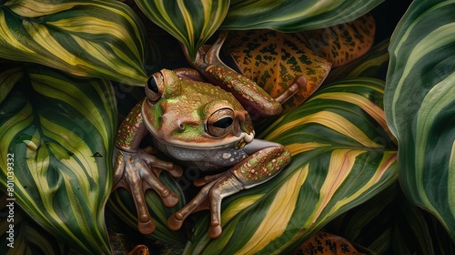 An intimate portrait of a tree frog nestled among the leaves of a tropical plant, its velvety skin and intricate markings blending seamlessly with its surroundings, photo