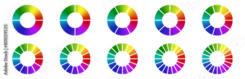 Gradient colored pie chart templates. Bright vibrant infographic donut graphs. Vector diagram wheel for multiple section circle. 3, 4, 5, 6 parts of ring.