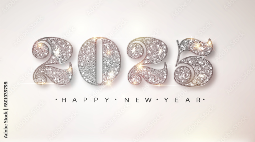 2025 silver New year banner with flying confetti and glitter numbers on bright background. Banner For Christmas and winter holiday headers, party flyers template 2025 silver New year banner with flying confetti and glitter numbers on bright background. Banner For Christmas and winter holiday headers, party flyers template