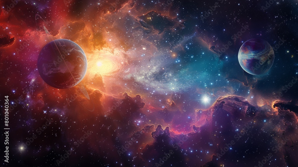 Majestic Cosmic Landscape: Vibrant Nebulae and Distant Planets