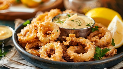 Close-up of a plate of crispy fried calamari, served with a side of aioli dipping sauce and lemon wedges, offering a delicious and satisfying appetizer option that's perfect for sharing or snacking. photo