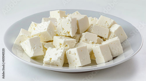 Plate with cut feta cheese on white background