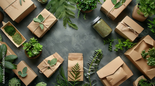 Eco-friendly packaging materials showcased on wooden table surrounded by green plants, promoting sustainability and reducing carbon footprint. photo