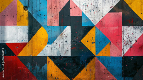 Urban mural art blending geometric patterns and digital motifs in a metropolitan setting.