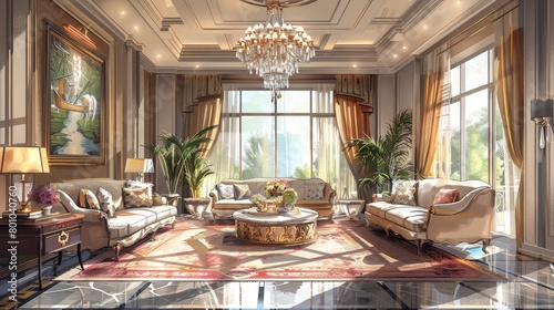 Luxury Living Room Glamorous Appeal: An illustration showcasing the glamorous appeal of a luxury living room