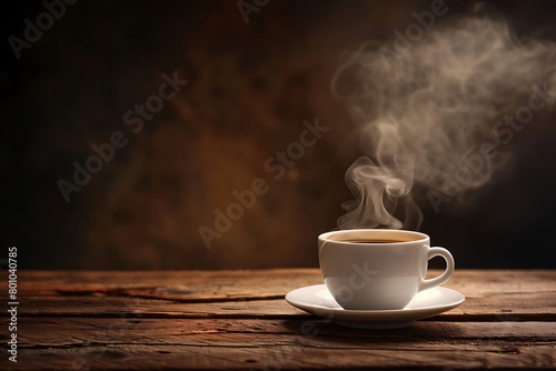 A steaming cup of coffee on a wooden table with room for text.