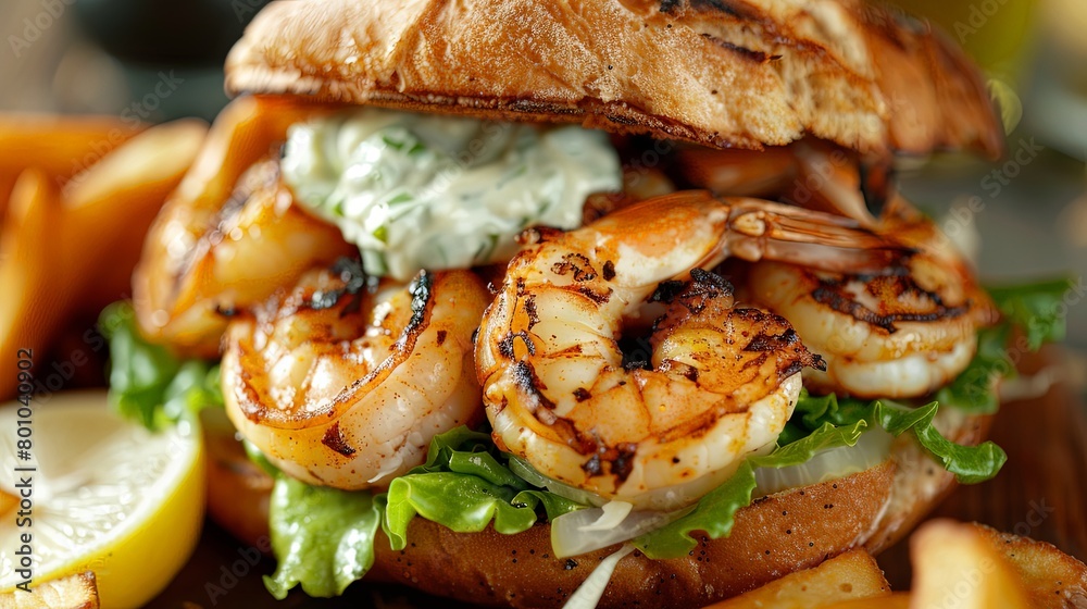 Close-up of a seafood sandwich filled with grilled squid, shrimp, and crispy lettuce, served on a toasted bun with a dollop of tartar sauce and a squeeze of lemon, Close-up of a seafood sandwich filled with grilled squid, shrimp, and crispy lettuce, served on a toasted bun with a dollop of tartar sauce and a squeeze of lemon,