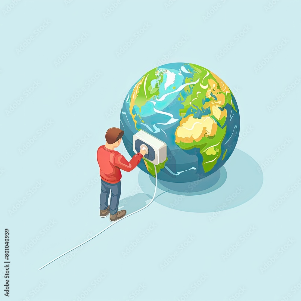 Power to the Planet: Isometric Man Connects to Flat Earth (Light Blue Background) Power to the Planet: Isometric Man Connects to Flat Earth (Light Blue Background)