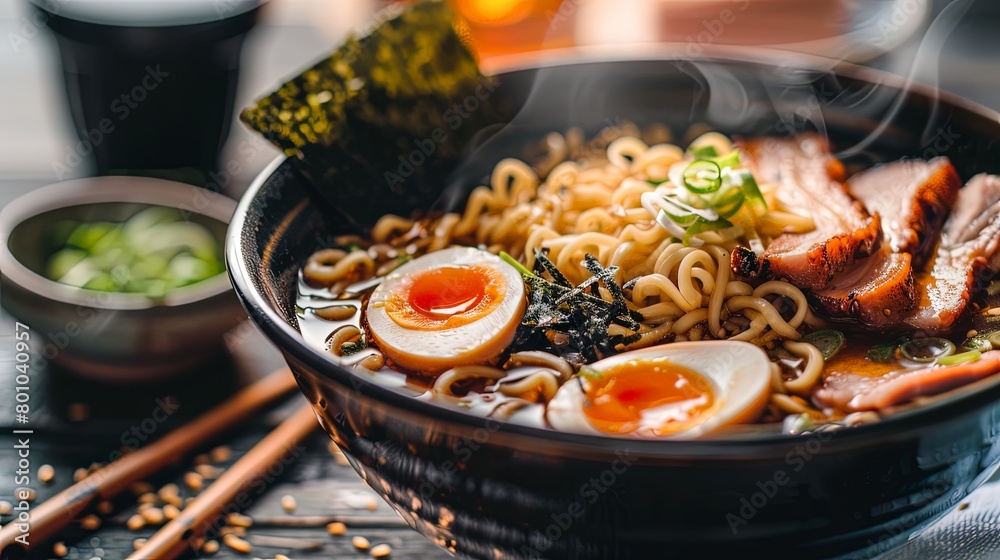 Close-up of a steaming bowl of savory ramen noodles, topped with tender slices of pork, soft-boiled egg, and nori seaweed, a delicious and satisfying dish that's perfect for warming up on chilly days. Close-up of a steaming bowl of savory ramen noodles, topped with tender slices of pork, soft-boiled egg, and nori seaweed, a delicious and satisfying dish that's perfect for warming up on chilly days.