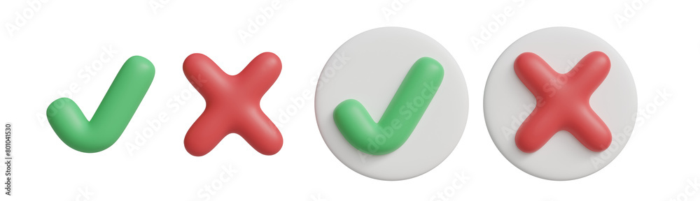 3D rendered illustration of check mark icon with cross or reject isolated on transparent background. For confirmation, application, decoration 3D rendered illustration of check mark icon with cross or reject isolated on transparent background. For confirmation, application, decoration