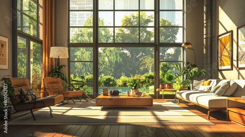 Modern Living Room Interior: An illustration featuring the interior of a modern living room with large windows