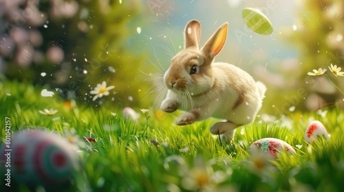 Happy Easter celebration with running bunny and flying eggs