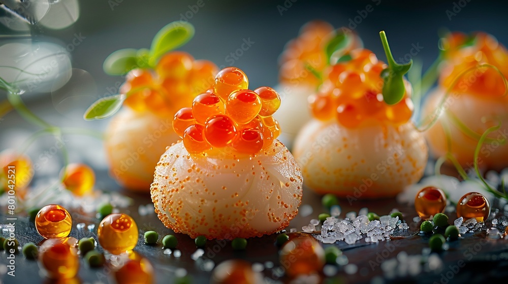 Molecular gastronomy, caviar spheres, sophisticated presentation, closeup , vibrant color Molecular gastronomy, caviar spheres, sophisticated presentation, closeup , vibrant color