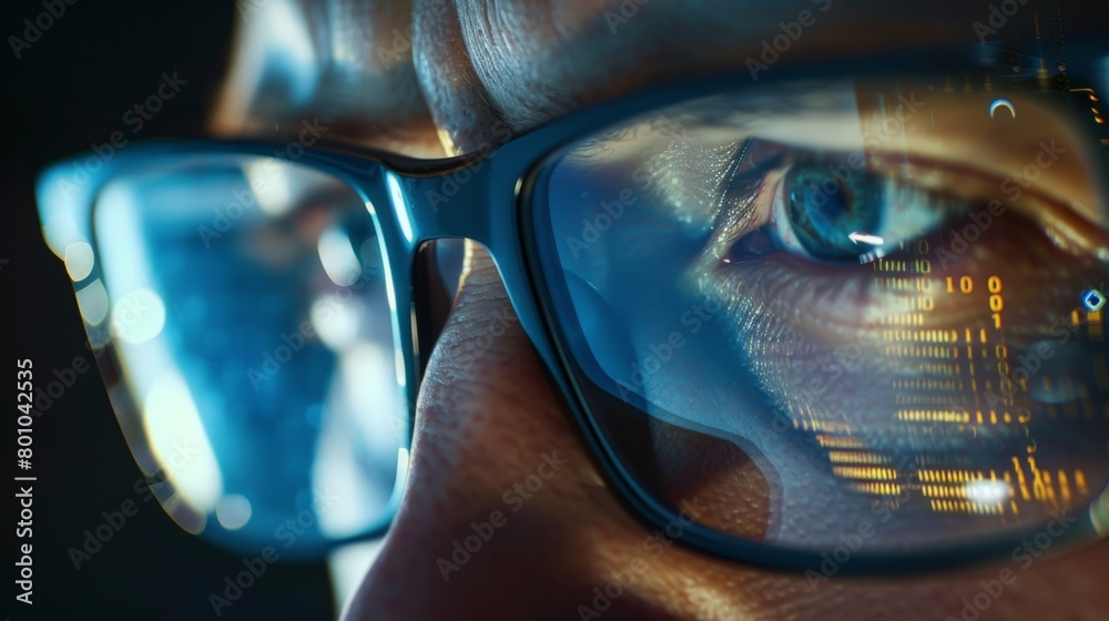 A man is wearing glasses and looking at a computer screen A man is wearing glasses and looking at a computer screen