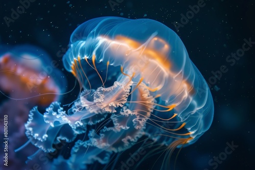 A jellyfish is shown in the water with a blue and orange color