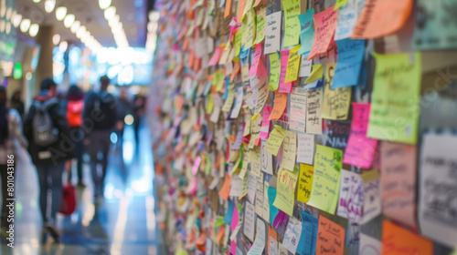 A wall covered in colorful sticky notes with various words photo
