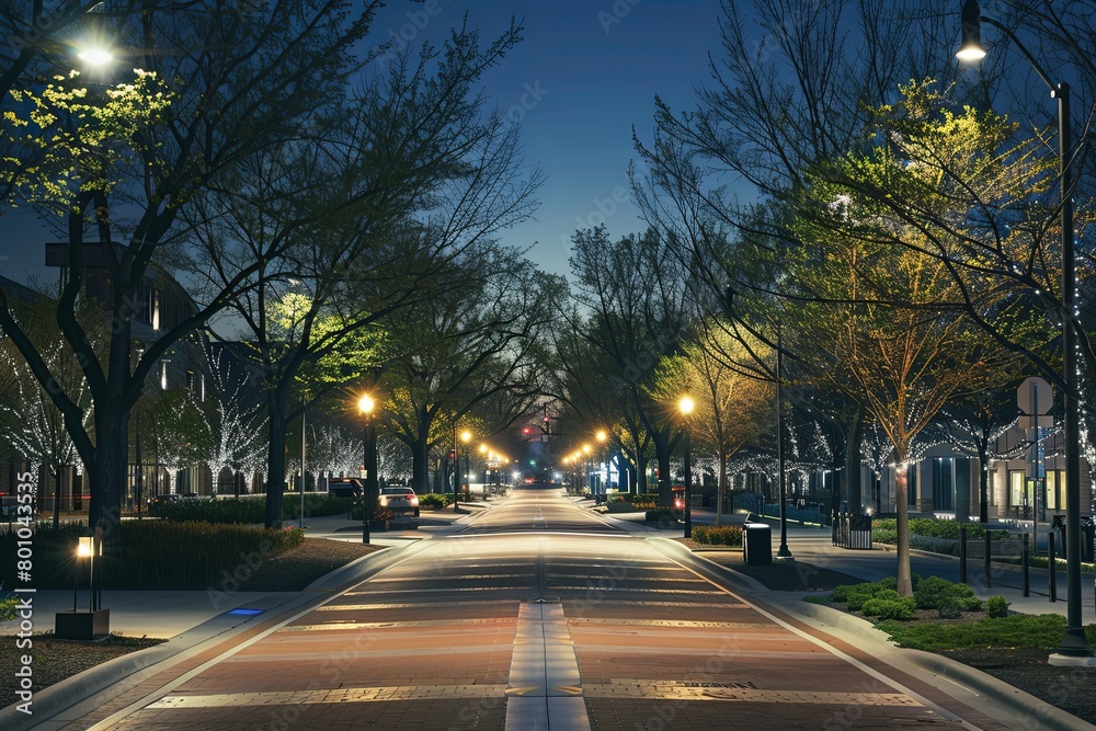 A well-lit street with decorative lighting fixtures, lined with trees and street lights. Generative AI