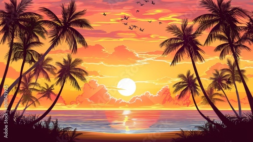 Tropical Sunset Paradise with Palm Silhouettes and Ocean Reflection