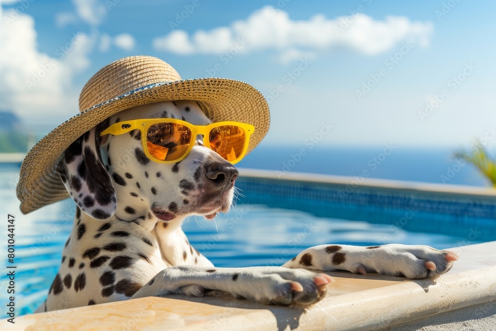 Dalmatian dog with glasses near the pool