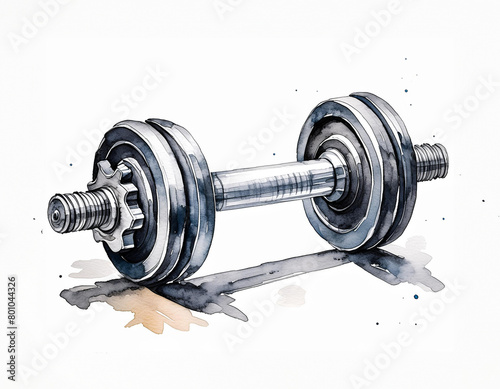 A watercolor depiction of a metallic dumbbell, with shadows and reflections adding depth. The white background highlights the dumbbell © homydesign