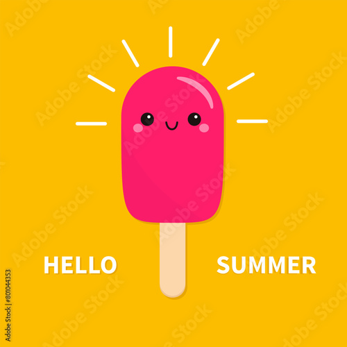 Delicious pink ice cream on stick. Cute cartoon kawaii funny baby character shining. Smiling face with eyes. Hello summer poster design. Trendy childish style. Flat design. Yellow background. Vector