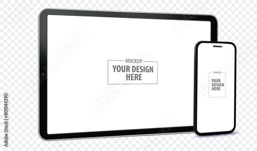 Tablet Computer and Mobile Phone Screen Perspective View Mockup. Digital devices template vector illustration with transparent background.