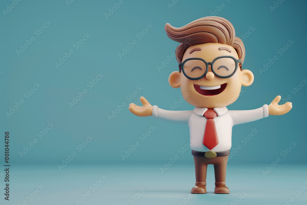 3D render clay character style of a businessman wearing glasses working as an office worker, employee life with happy emotion, isolated on pure blue background 3D render clay character style of a businessman wearing glasses working as an office worker, employee life with happy emotion, isolated on pure blue background