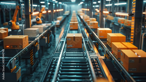Efficient operations in a high-tech warehouse utilizing automated sorting systems and robotic arms for package organization.
