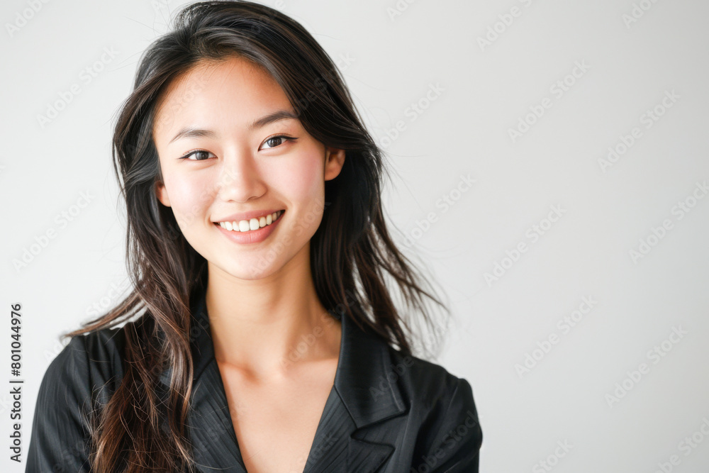 Beautiful studio portrait of young, stylish asian woman, long hair, smiling and looking at camera with confidence on white background Beautiful studio portrait of young, stylish asian woman, long hair, smiling and looking at camera with confidence on white background
