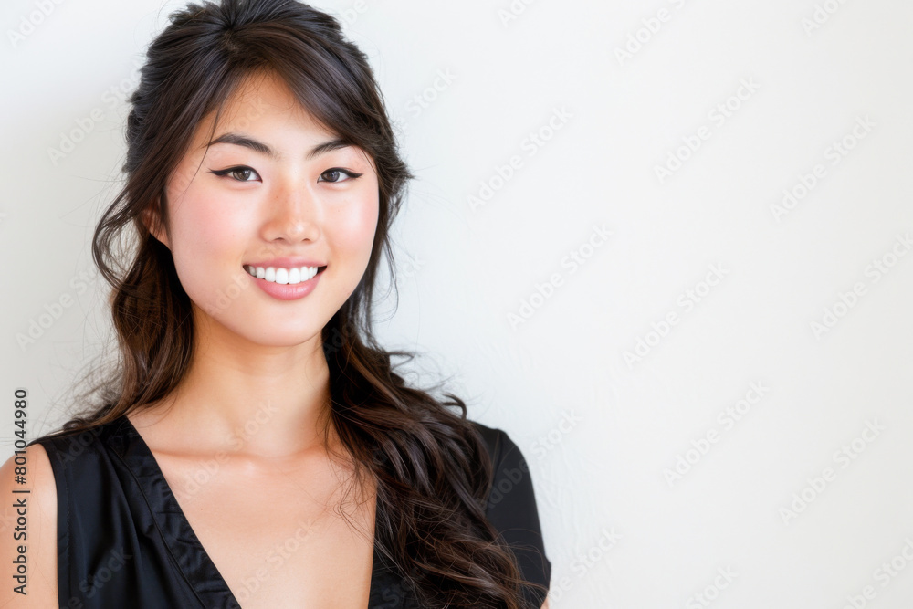 Beautiful studio portrait of young, stylish asian woman, long hair, smiling and looking at camera with confidence on white background Beautiful studio portrait of young, stylish asian woman, long hair, smiling and looking at camera with confidence on white background
