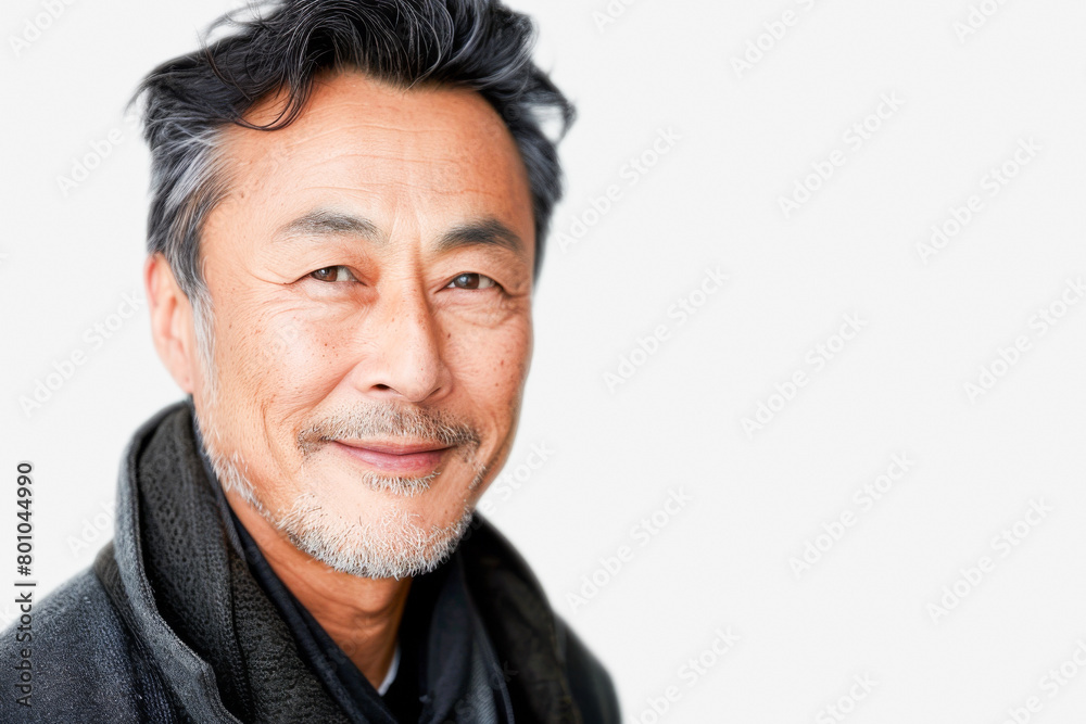 Obraz premium Portrait of old healthy, cheerful handsome middle aged Asian man smiling and looking at camera with white background. Happy aging society, retirement, teeth, health and senior healthcare concept