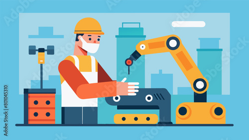 A construction worker safely operates heavy machinery with his smart neuroprosthetic hand extensions giving him precision and accuracy in his work..