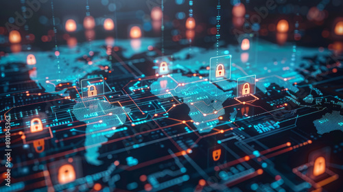 Illustrating global security measures with digital locks on a world map photo