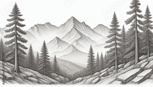 A Drawing Of Mountains And Trees A Detailed Drawin (1) photo