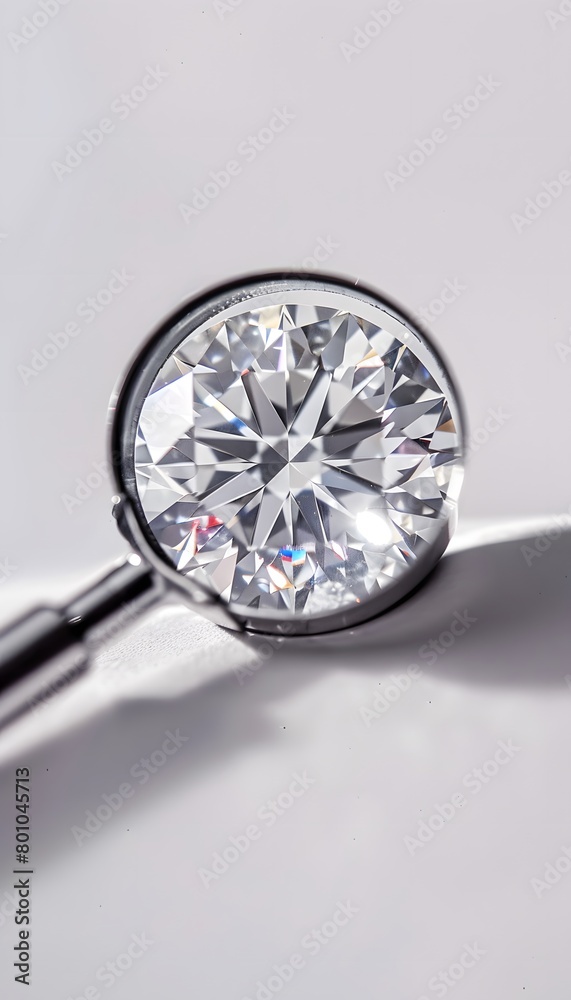 A magnifying glass zooming in on diamond. diamond inspection