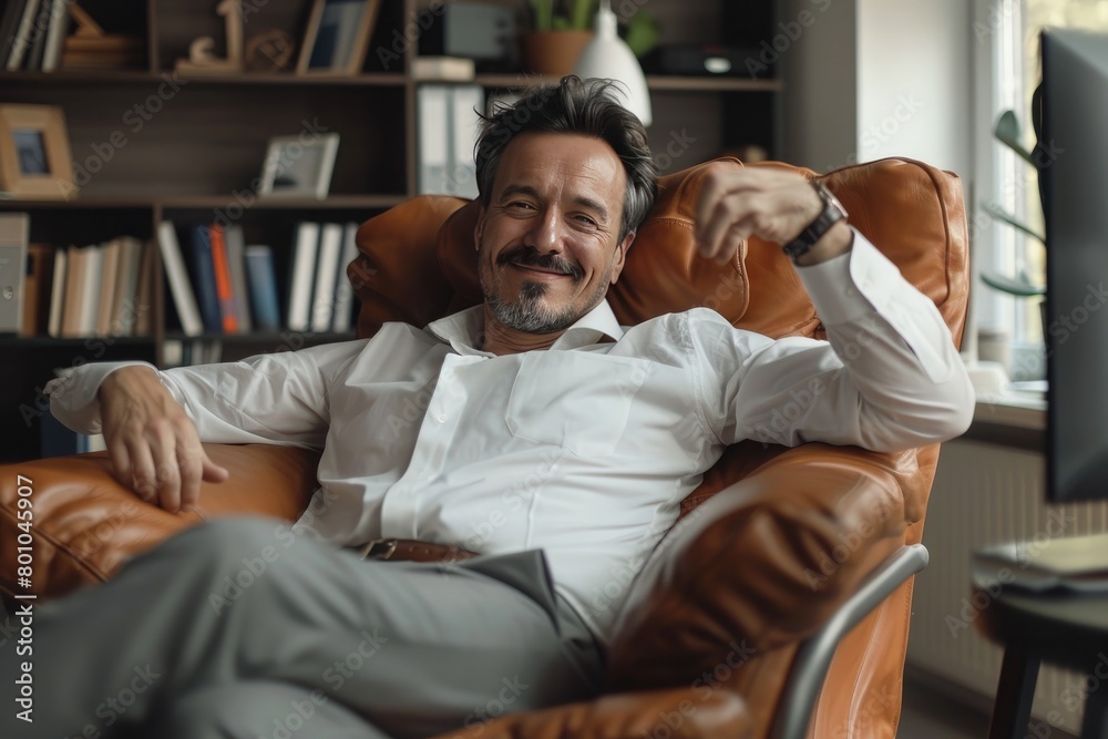 Successful businessman celebrating his success while sitting at his desk in office Successful businessman celebrating his success while sitting at his desk in office