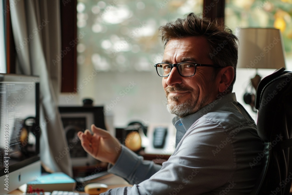 Successful businessman celebrating his success while sitting at his desk in office