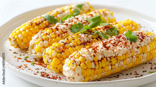 Plate with tasty Elote Mexican Street Corn on white background