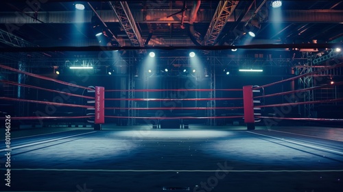 An empty boxing ring under bright spotlights