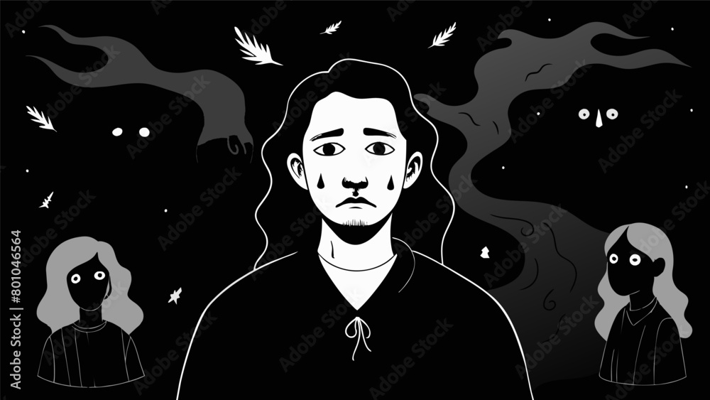 A series of charcoal drawings depicting the artists experiences with depression and the feelings of emptiness and darkness that can consume them.. Vector illustration A series of charcoal drawings depicting the artists experiences with depression and the feelings of emptiness and darkness that can consume them.. Vector illustration