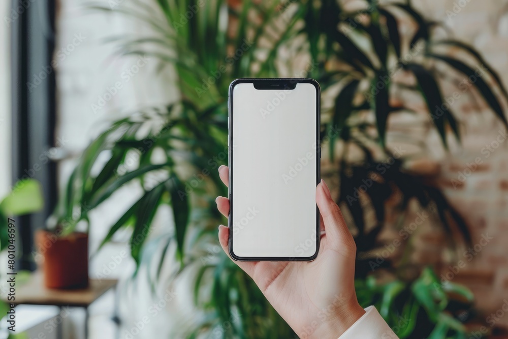 Mockup image of a person hand holding mobile phone with blank white screen Mockup image of a person hand holding mobile phone with blank white screen