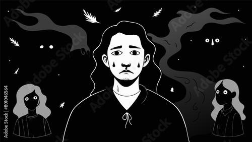 A series of charcoal drawings depicting the artists experiences with depression and the feelings of emptiness and darkness that can consume them.. Vector illustration