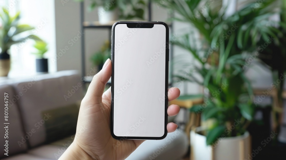 Mockup image of a person hand holding mobile phone with blank white screen