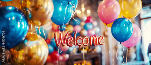 Festive welcome sign spelled out with glittering balloons surrounded by colorful balloons in party setting.