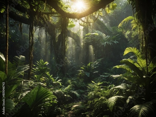 Dense Jungle BackgroundFocusing Flora - Lush Tropical Rainforest Scene in Photorealistic Style